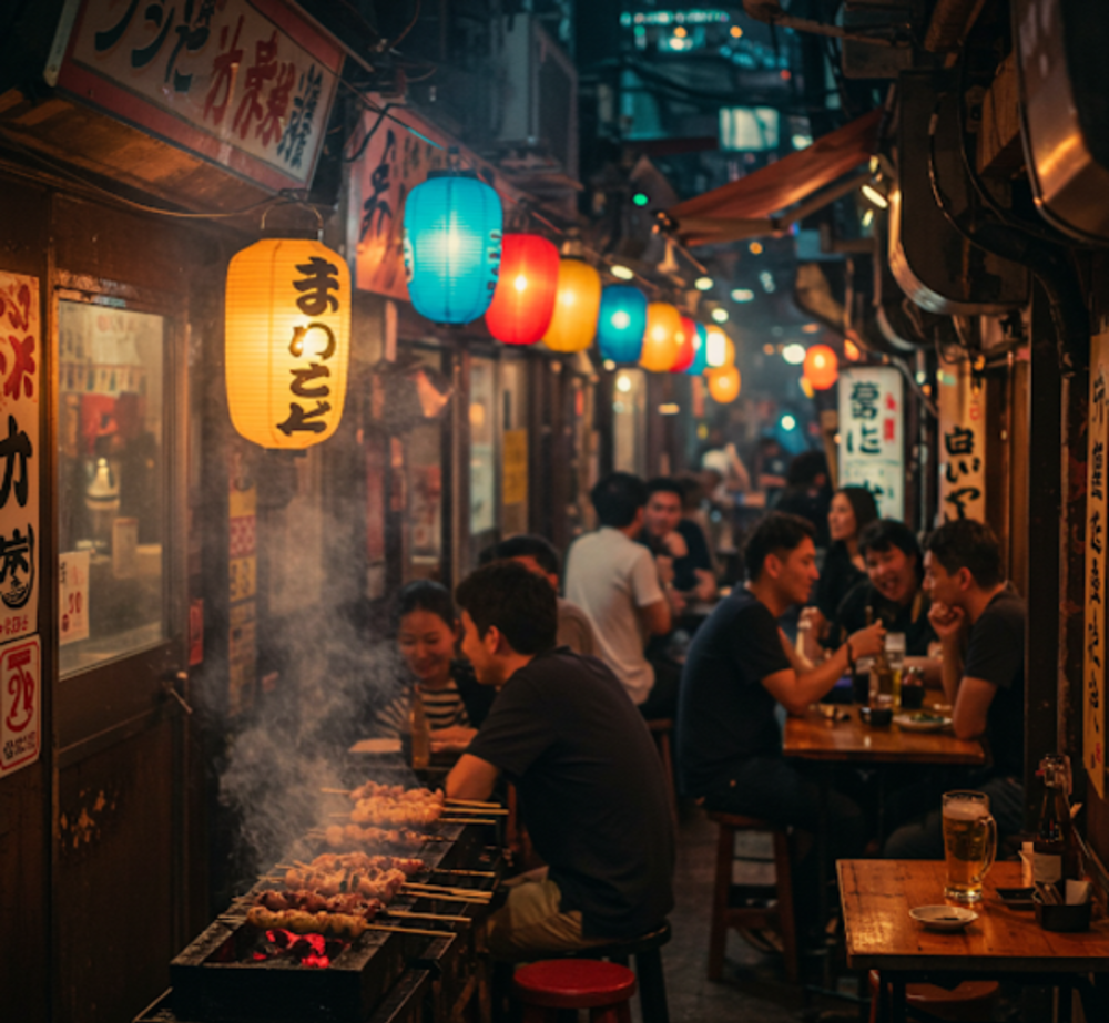 提灯が灯る思い出横丁の活気ある夜景